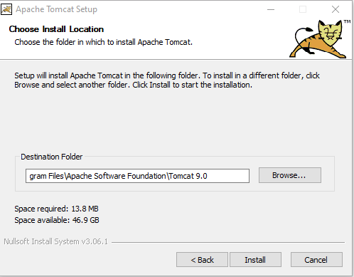 Tomcat 9 Choose Install Location