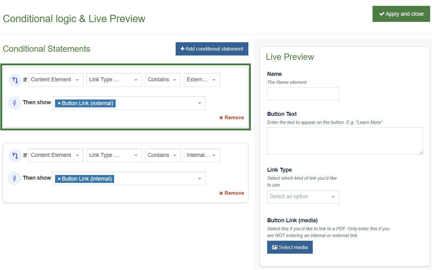 Conditional logic & Live Preview (External Link)