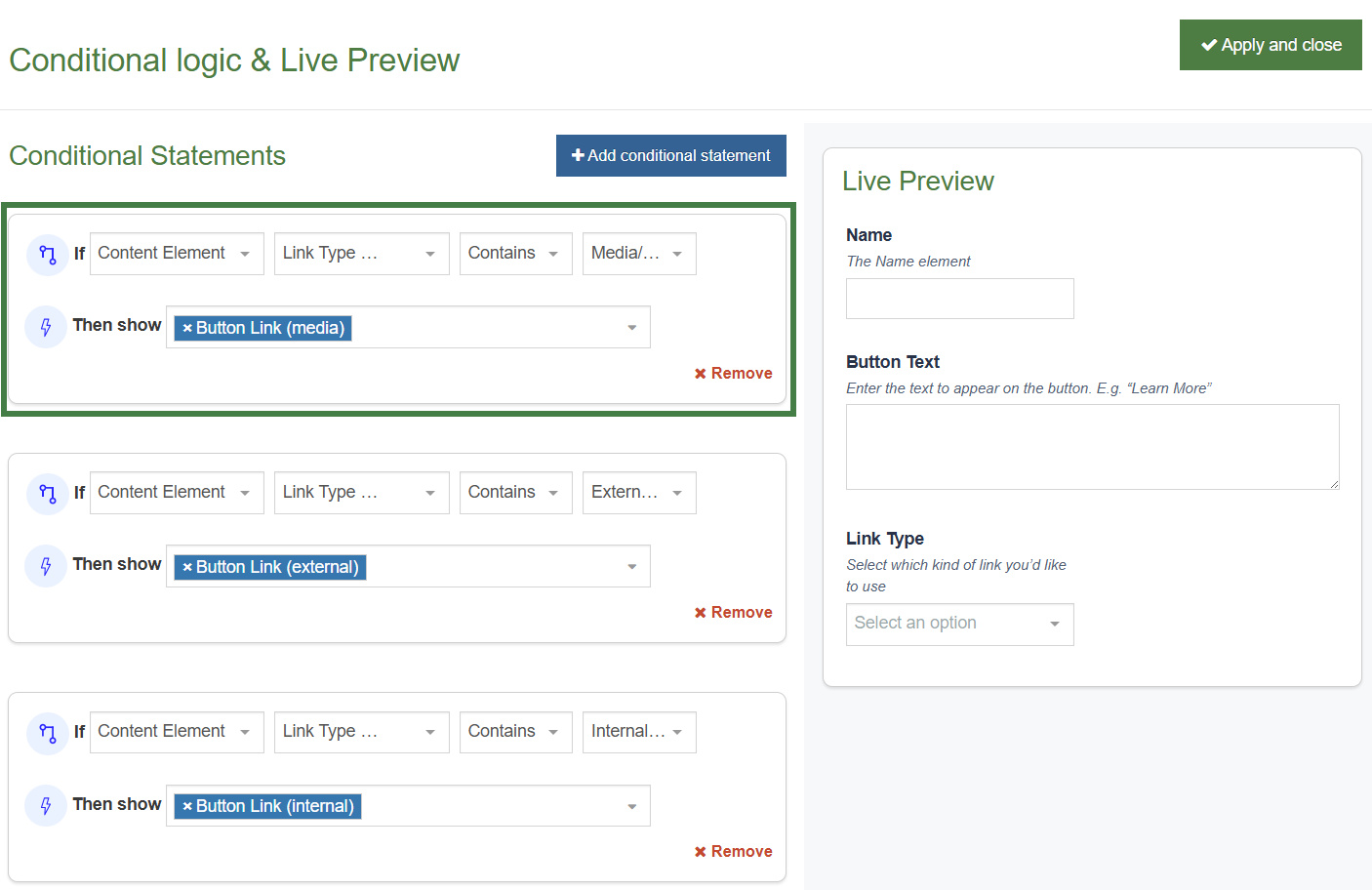 Conditional logic & Live Preview (Media Link)