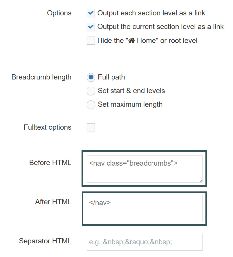 Configuration for a Breadcrumbs Navigation Object