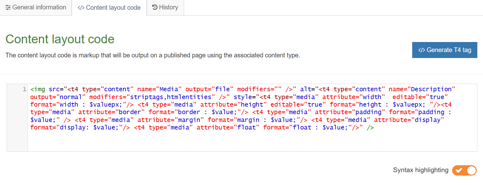 Content Layout Code Tab (Image Layout)