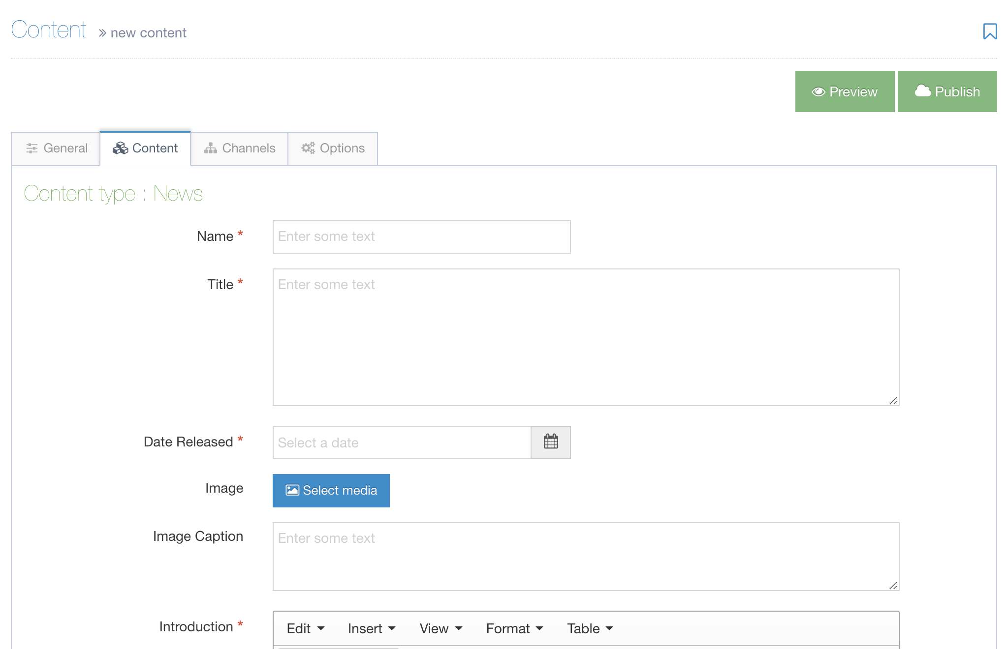 Screenshot of the Content tab in the New Content screen