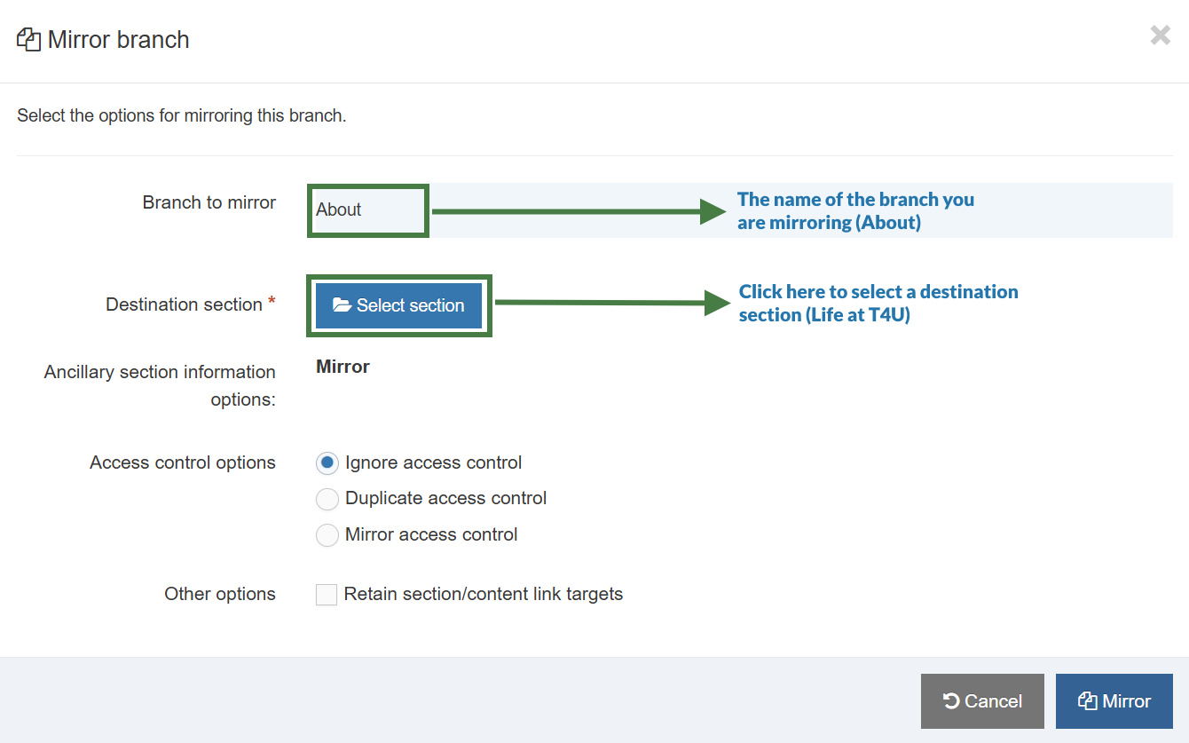 Testing the Canonical URL using a mirrored section