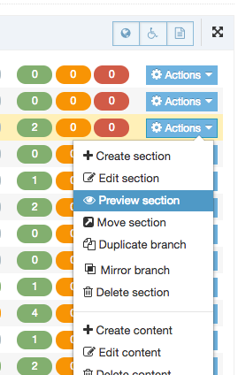 Screenshot of the Section Action Menu with Preview Section highlighted