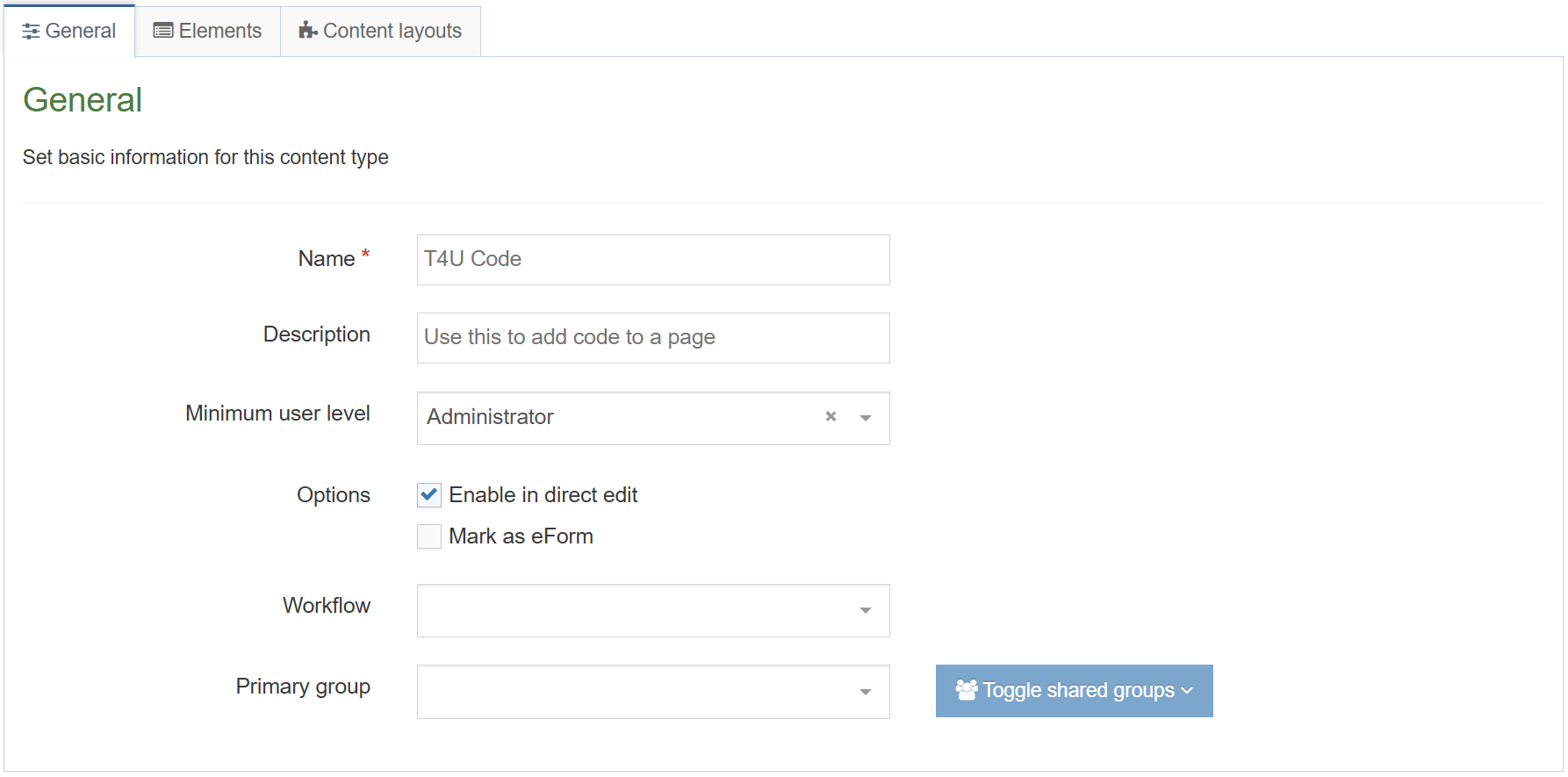 General Tab (Code Content Type)