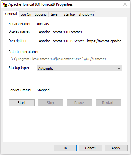 The general tab of the Tomcat 9 installation properties screen