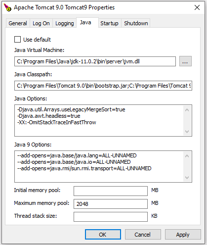 Te Java tab of the Tomcat 9 Properties Screen