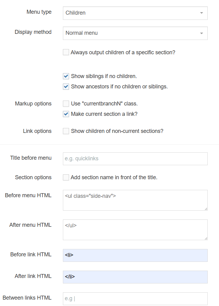 Left Children Menu Configuration