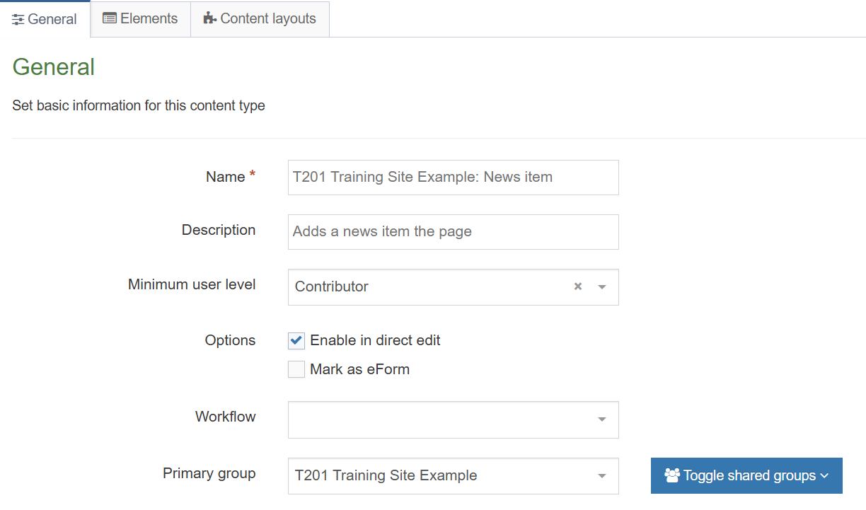 News Content Type (General Information Tab)
