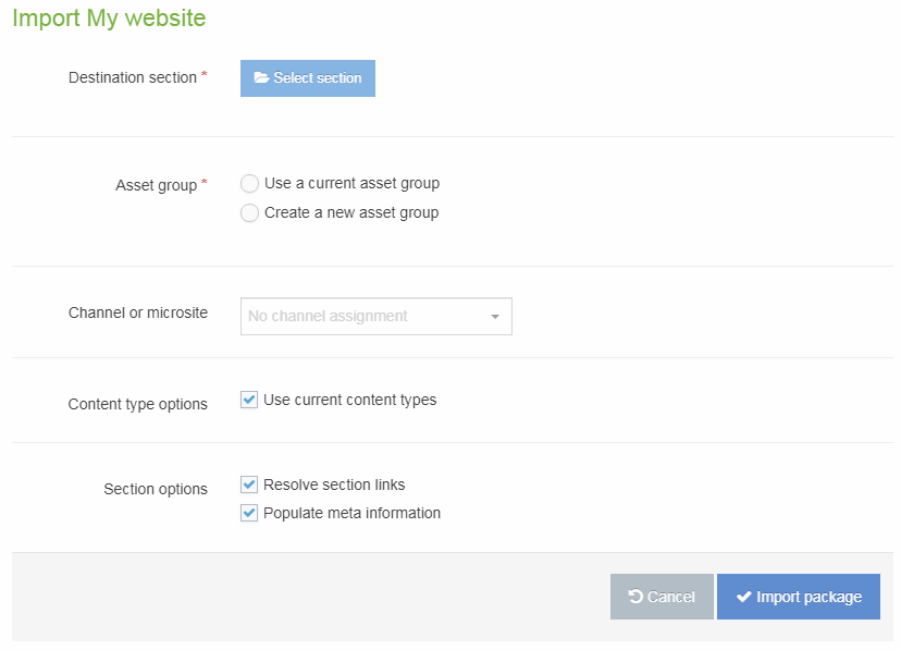 Screenshot of the HTML Packages Import screen