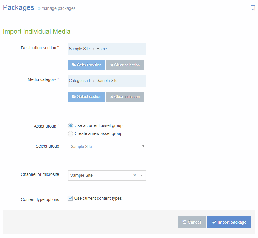 Screenshot of the Import Individual Assets Package screen