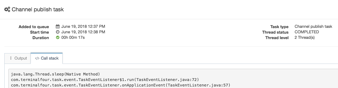 Screenshot of the Call Stack tab of the View Output modal