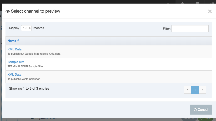 Screenshot of the modal window listing of Preview Channels