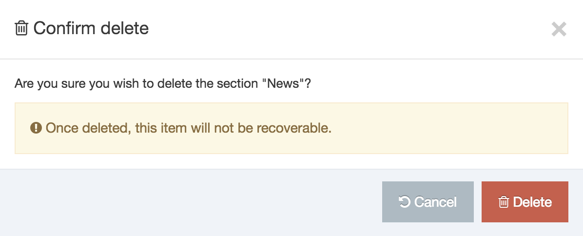 Screenshot of the Delete Section alert