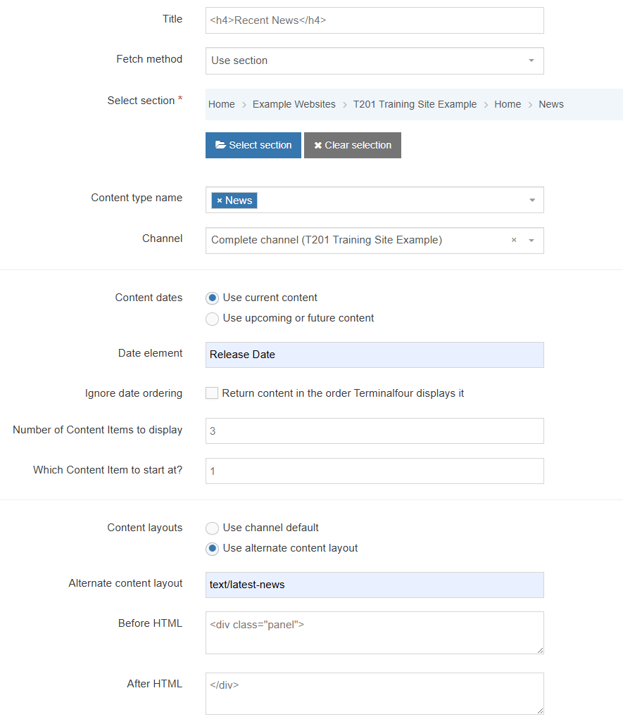Top Content Navigation - Recent News Configuration
