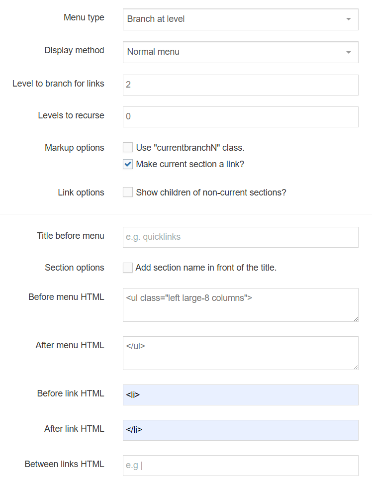 Top Link Menu Configuration