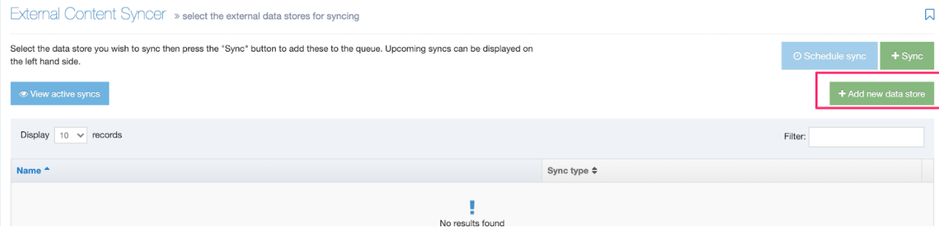 Screen identifying the new data store option