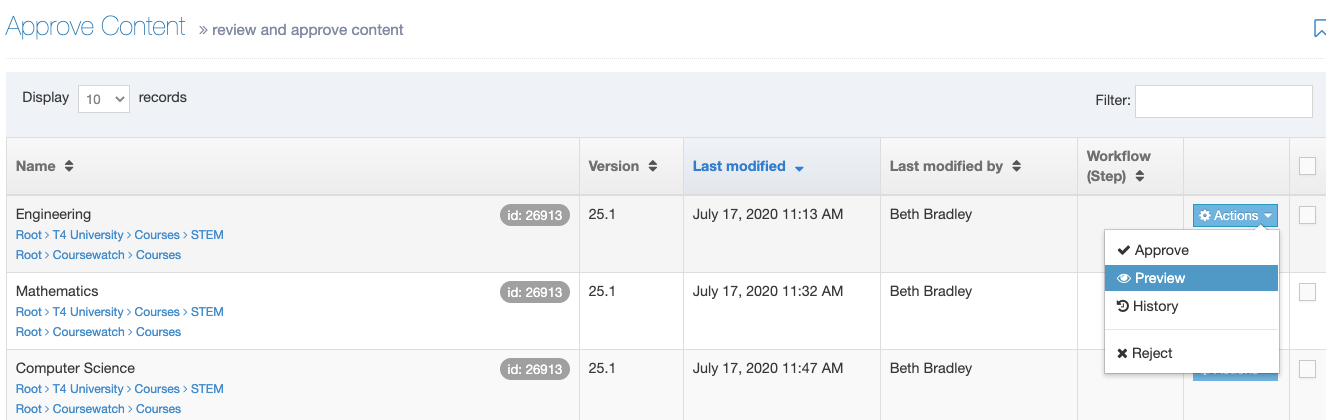 Approve Content page with preview option highlighted