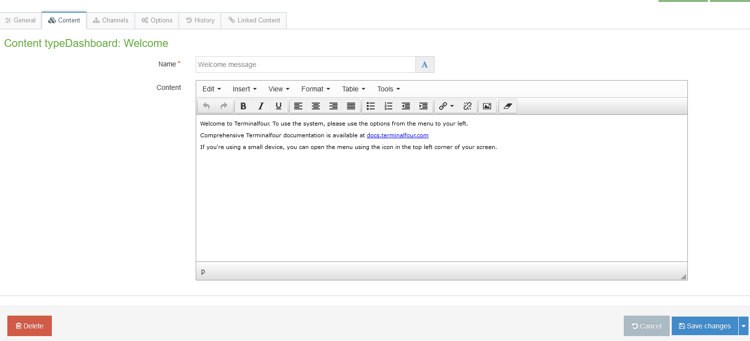 Dashboard Configuration Welcome Message