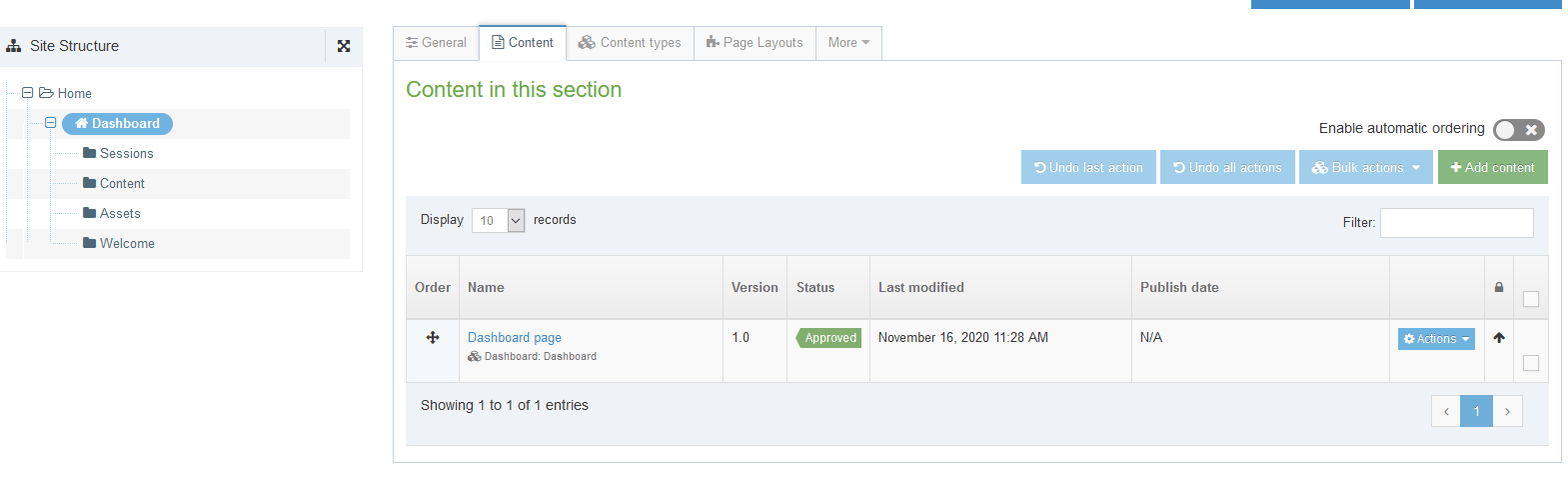 The Dashboard Section and Child Sections that feature editable Content Items