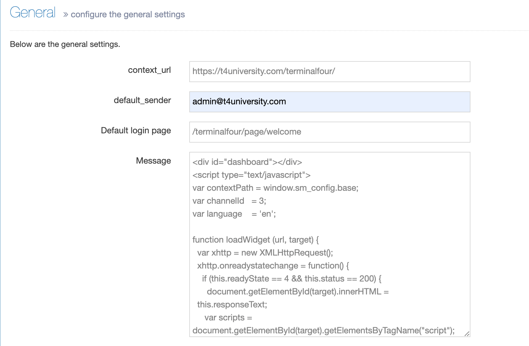 Dashboard Welcome Screen settings