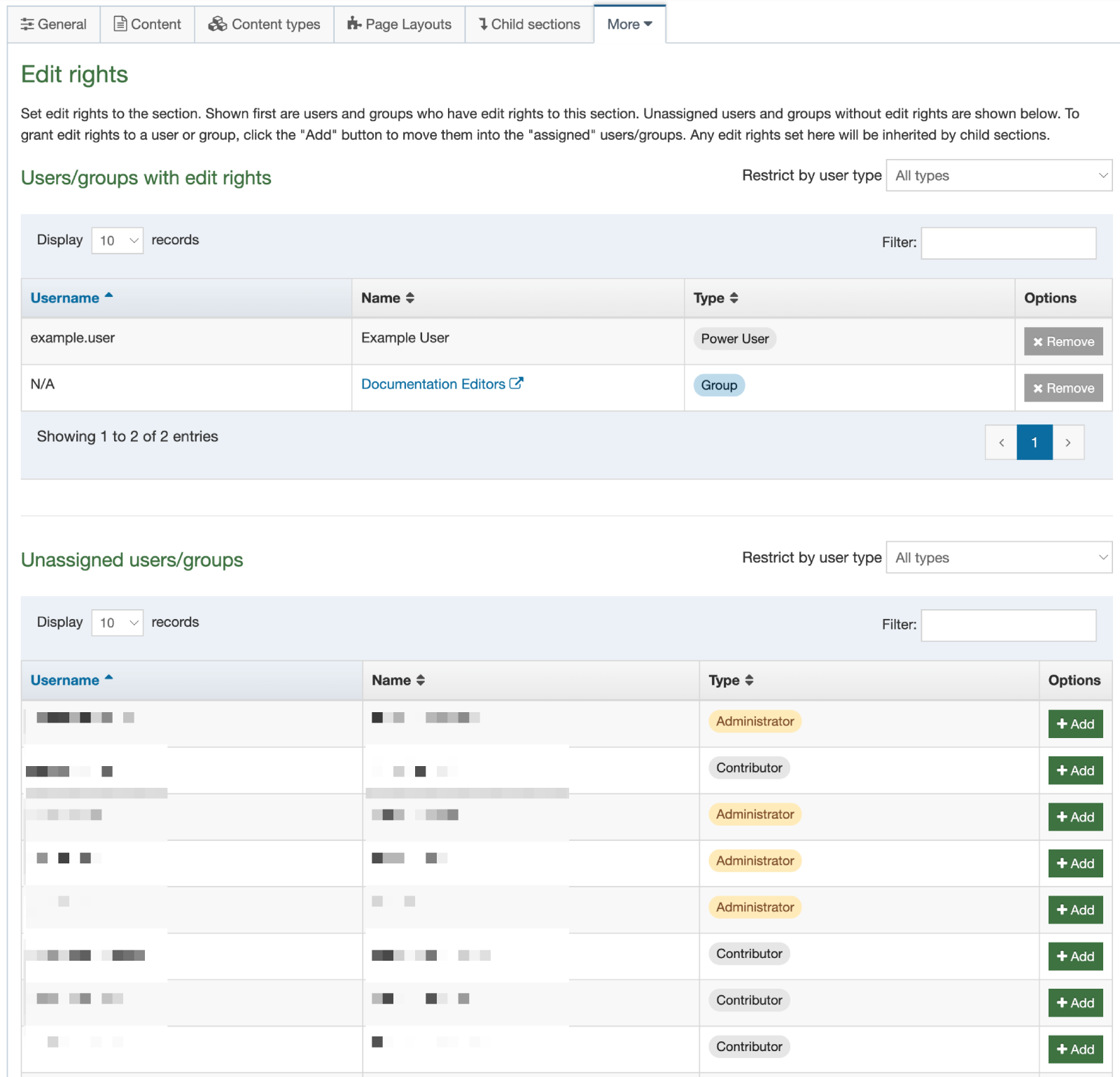 Screenshot of the Edit rights table showing how users can be added and removed