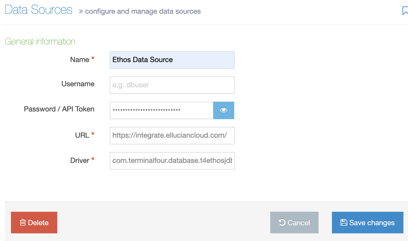 Screen showing set up of an Ellucian Ethos data source