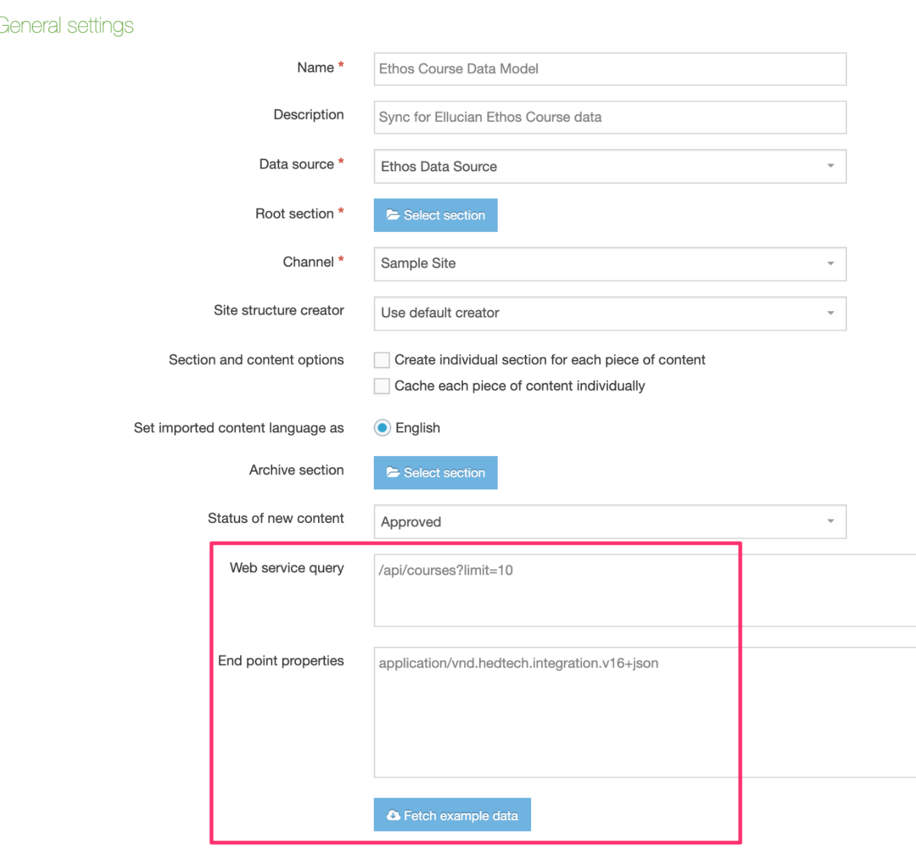 Screen showing how to configure a data store for Ellucian Ethos