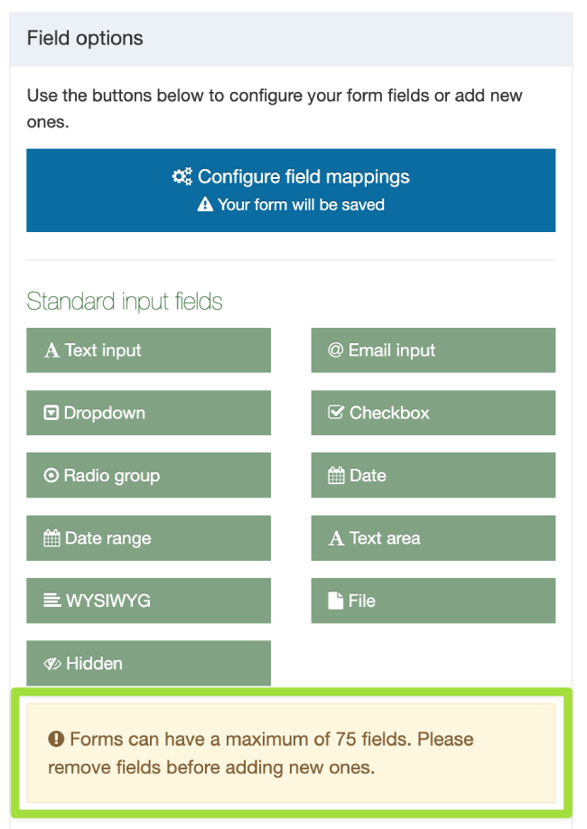 Forms can now have a maximum of 75 fields
