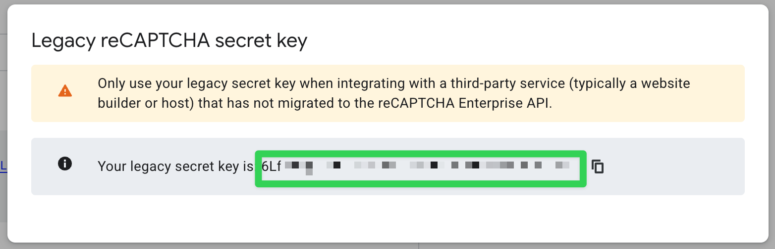 Copy the site key as displayed
