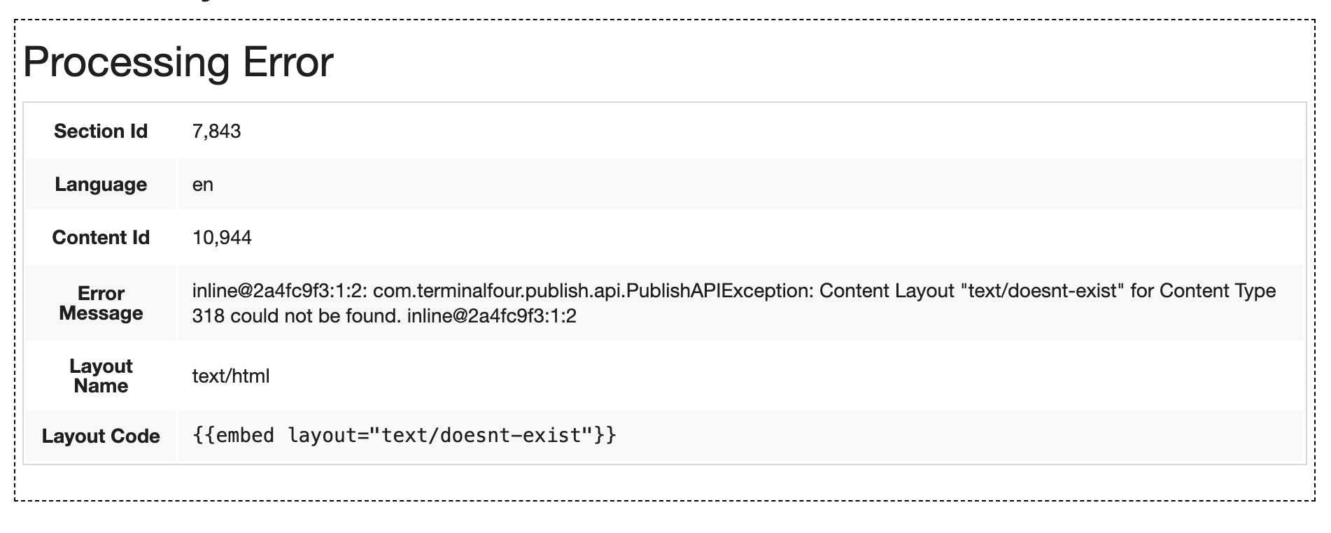 An example of a Handlebars error in preview