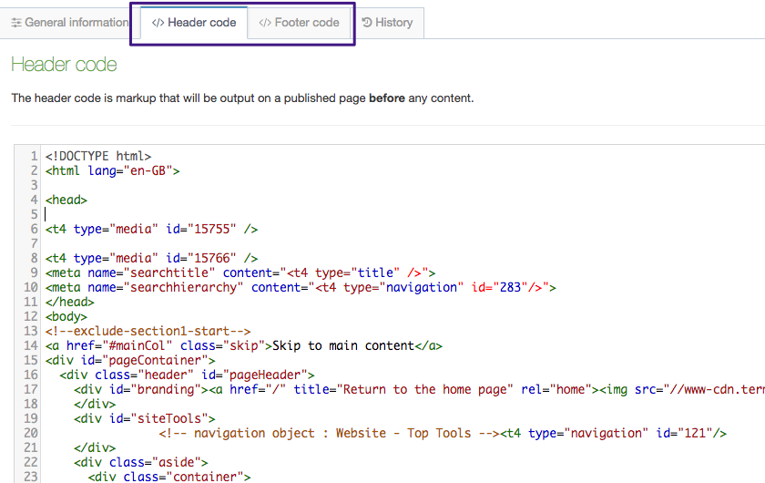 Screenshot of the Header and Footer Code tabs of the Page Layout screen