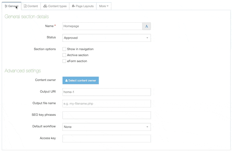 An example of navigating through the Section creation screens using only the keyboard