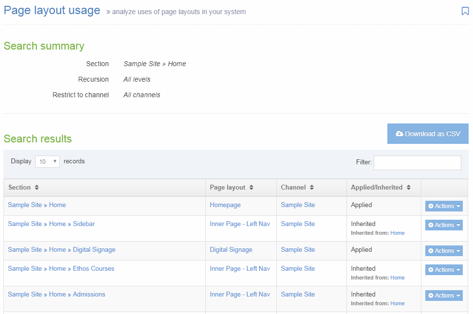 Sample Page Layout Usage Report