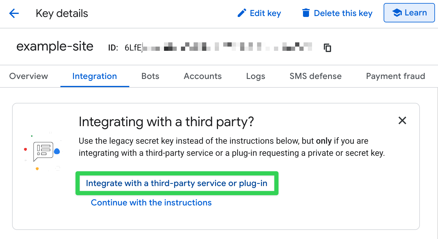 Click integrate with thid-party to find the site key