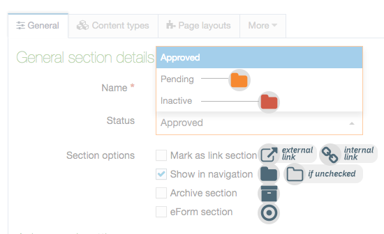 Screenshot showing the Section configuration screen overlaid with the types of Section icons