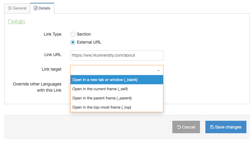 The Details tab of the Create Section screen with the External Link URL dropdown