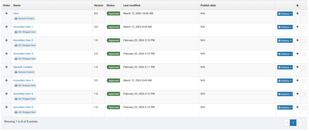 An example of 8 content items in a section