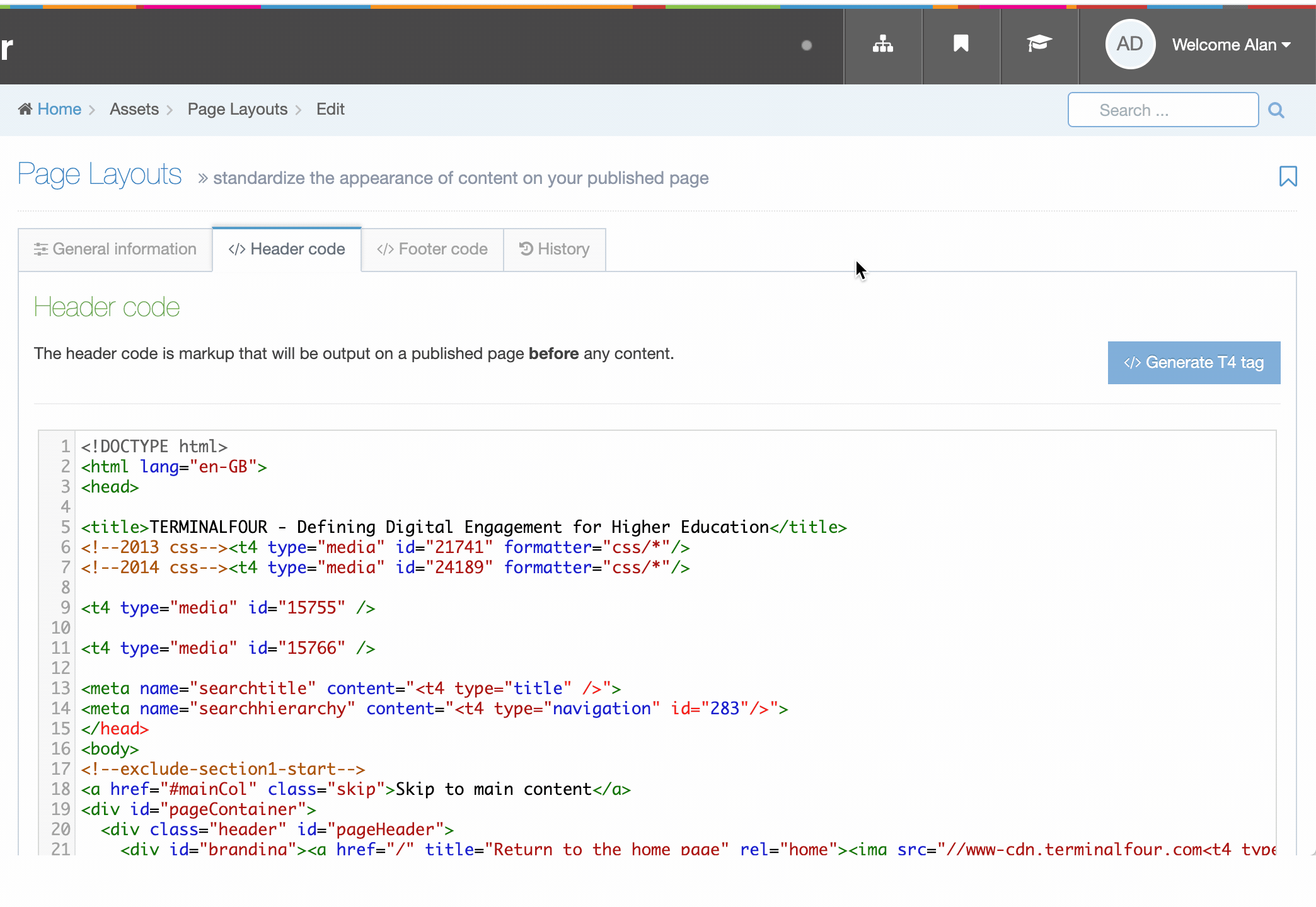 GIF showing how you add a T4 Tag to a Page Layout