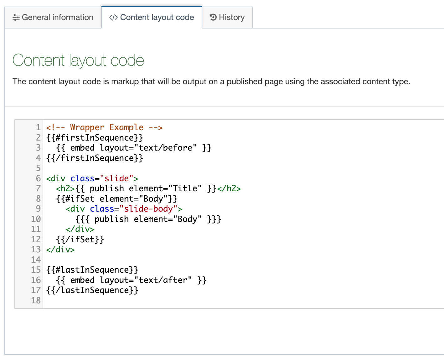 An example of a Content Layout written with the new Handlebars Processor